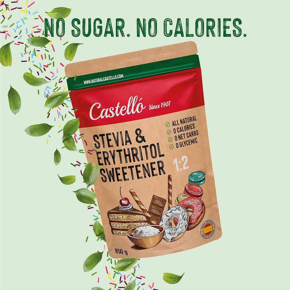 Stevia + eritritolo 1:2 sostanza nutriente | 1G = 2GZucker | 100% Zuckerersatz naturale - 0 Kalorien - 0 Glykämischer Index - Keto und Paleo - 0 Netto-Kohlenhydrated - Kein GVO - Castello since 1907 - 850 G Dolcificanti Naty Shop