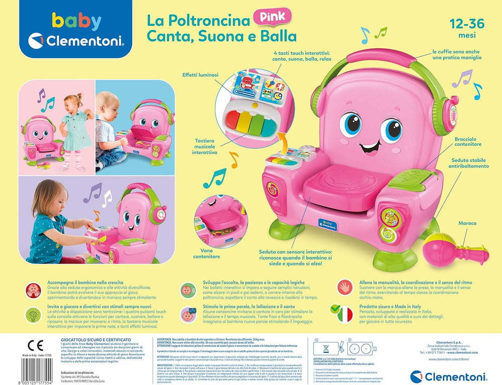 Clementoni 17755 Canta fotoliu cu sunet și dans roz - fotoliu interactiv și multifuncțional pentru copii în italiană, jucărie 1 an - Fabricat în Italia, multicolor Jucarii Bebe Naty Shop