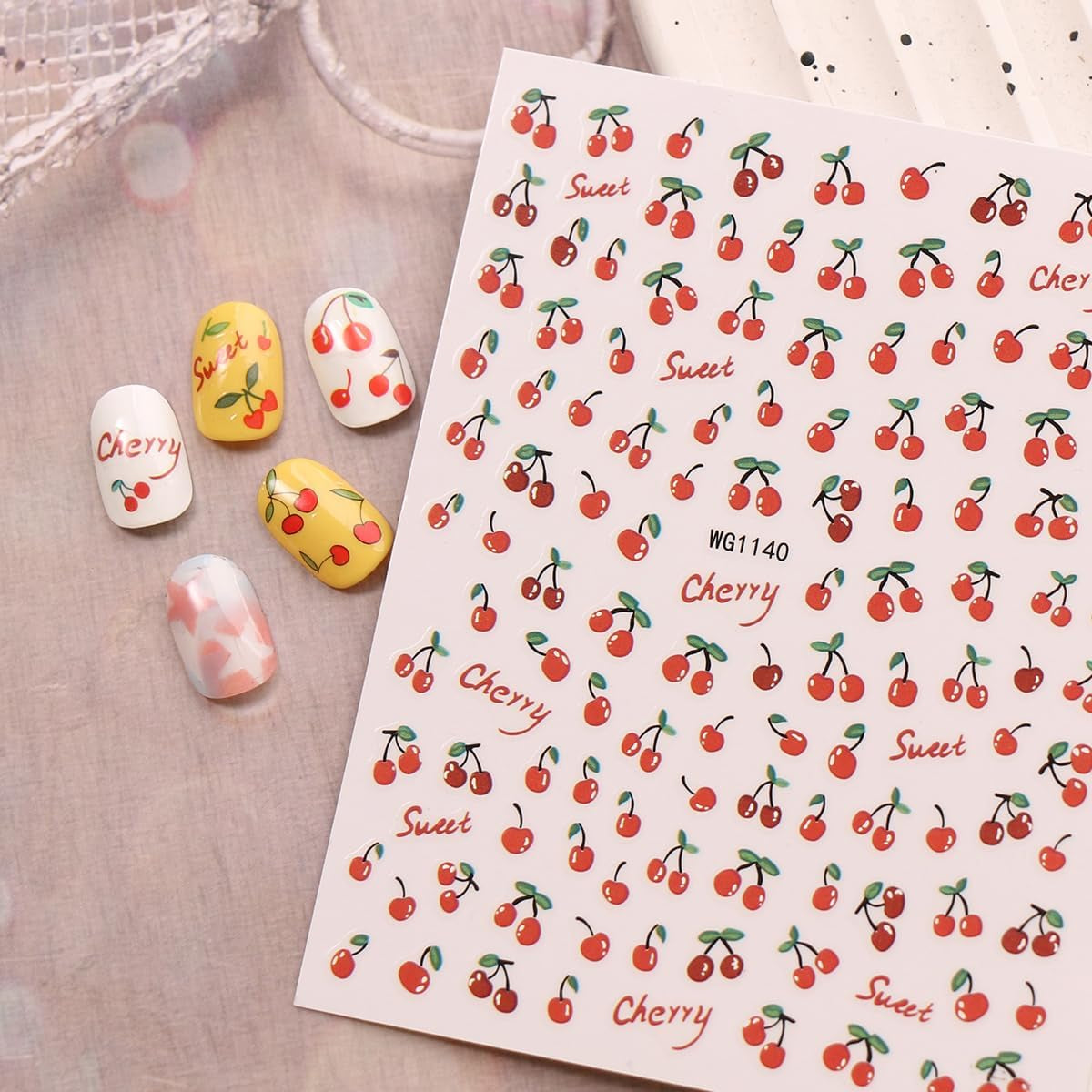 JMEOWIO Nagelsticker Kirschfrucht 6 Blatt Nail Art Sticker Selbstklebend Nagelaufkleber Dekoration Nageldesign Zubehör