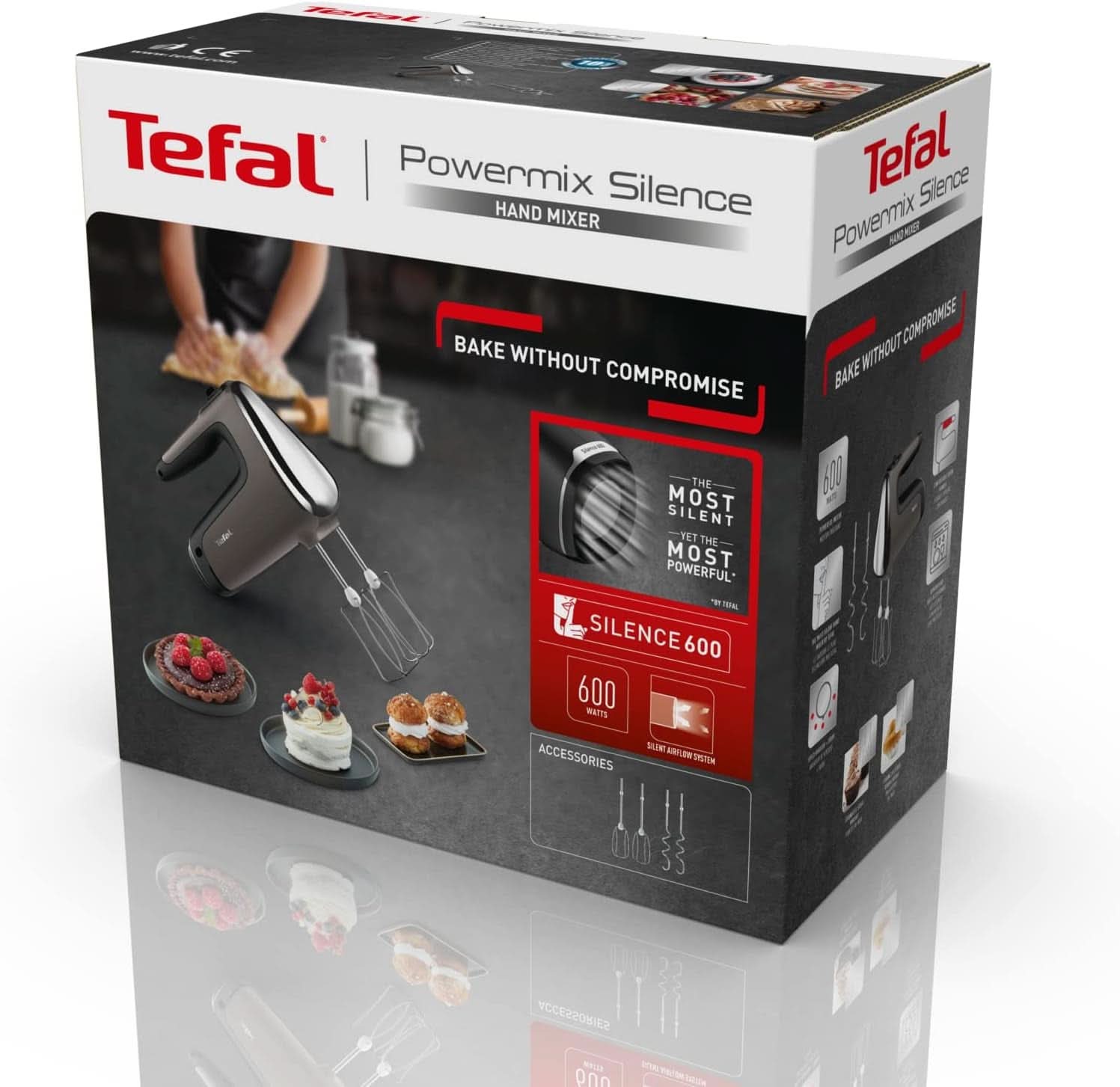 Tefal HT650E Power Mix Silence Miscelatore manuale | 600 Watt | Regolatore di velocità variabile | Funzione Turbo e Auswurf | Motore per il tempo libero estremo | incl. 2 Rührbesen Und 2 Knethaken | Negozio Naty della cucina del grano