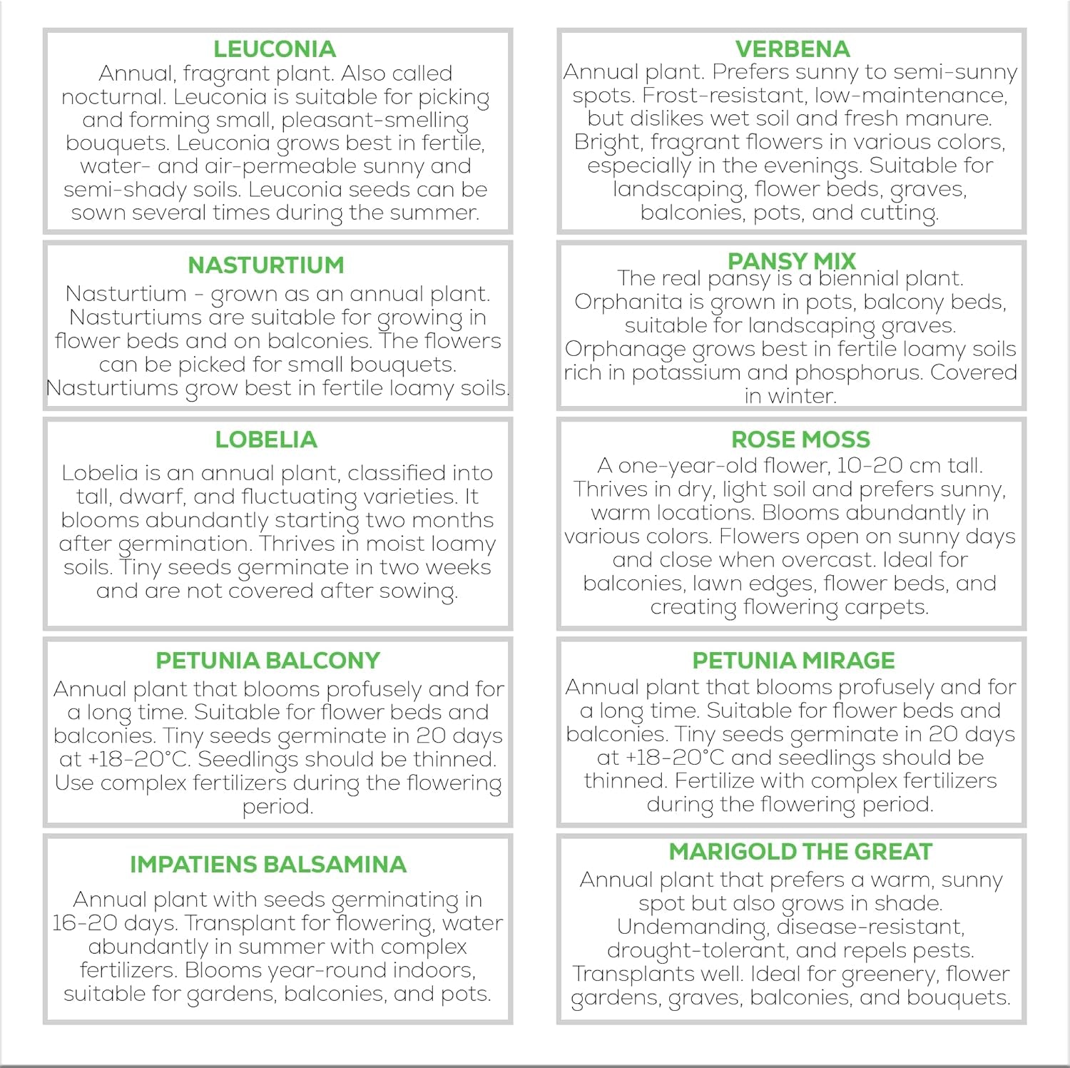 Set di semi di fiori Nojus - 10 varietà di semi di fiori - Semi di fiori da balcone - Semi di piante colorate - 10 confezioni - Semi di fiori selvatici - Bustine di semi di fiori - Regalo ideale di semi di fiori