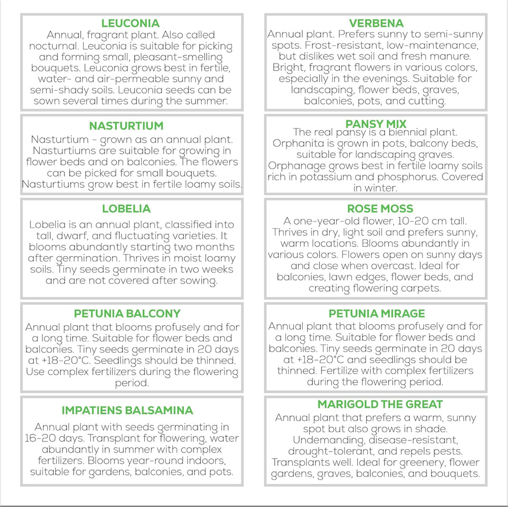 Set di semi di fiori Nojus - 10 varietà di semi di fiori - Semi di fiori da balcone - Semi di piante colorate - 10 confezioni - Semi di fiori selvatici - Bustine di semi di fiori - Regalo ideale di semi di fiori