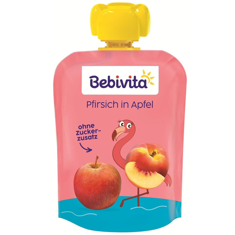 Pliculețe stoarcibile cu piersici și măr – 16 bucăți (4 pachete, 4 x 90 g fiecare), fără zahăr adăugat, fără gluten, vegane, ideale pentru bebeluși de la 5 luni, perfecte pentru luat la pachet