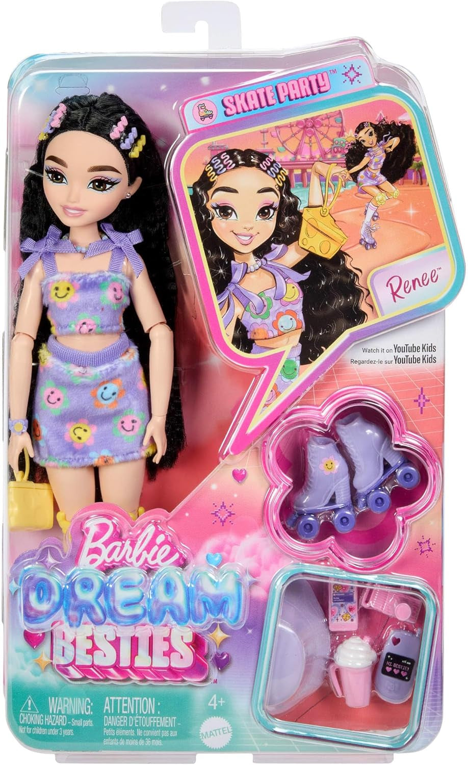 Păpușa Barbie Dream Besties și accesorii, Păpușă Barbie Renee la modă articulată cu patinaj pe role și păr negru, 12 accesorii tematice cu videoclipuri și mâncare, JFX99