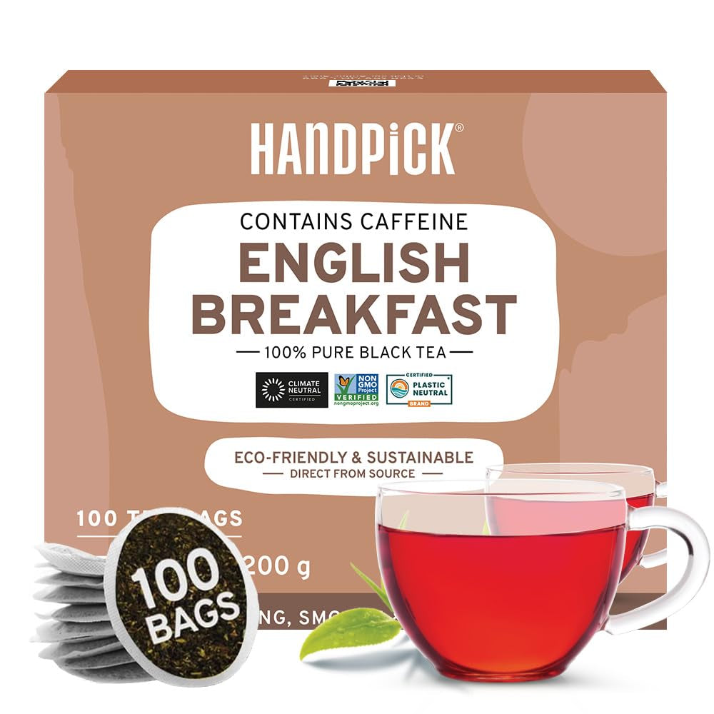 HANDPICK, pliculețe de ceai verde (100 pliculețe) Fără gluten și ceai verde pur | Pliculețe rotunde de ceai verde, fără adeziv, fără înălbitor, fără sfori | Ceai fierbinte/Kombucha sau infuzat la rece | Ceai verde