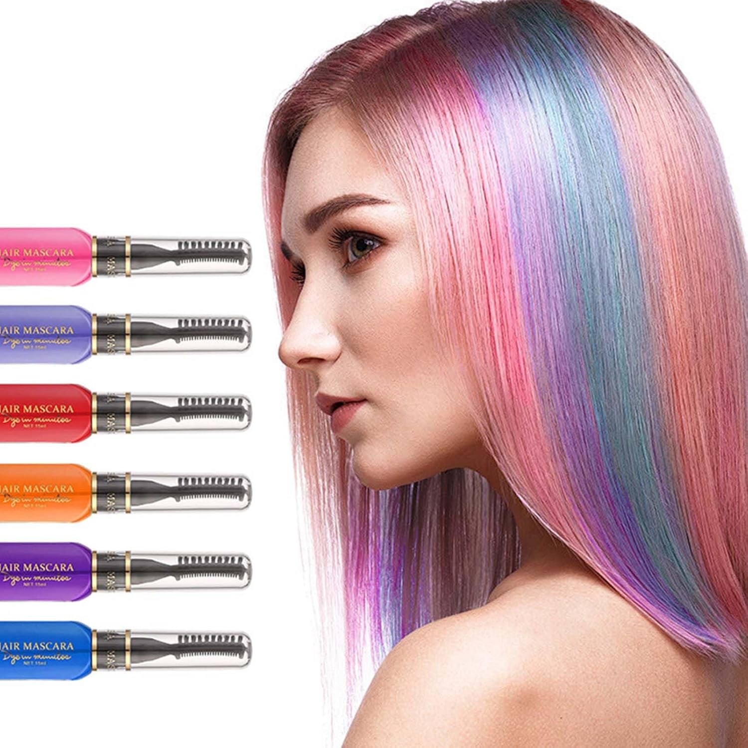 Vopsea de păr instant, 6 culori Mascara de păr temporară pentru fete și femei, cretă de păr lavabilă, vopsea de păr Rainbow Hair Mascara pentru carnaval, Halloween, Cosplay, petrecere, zi de naștere (A) Vopsea pentru par Naty Shop
