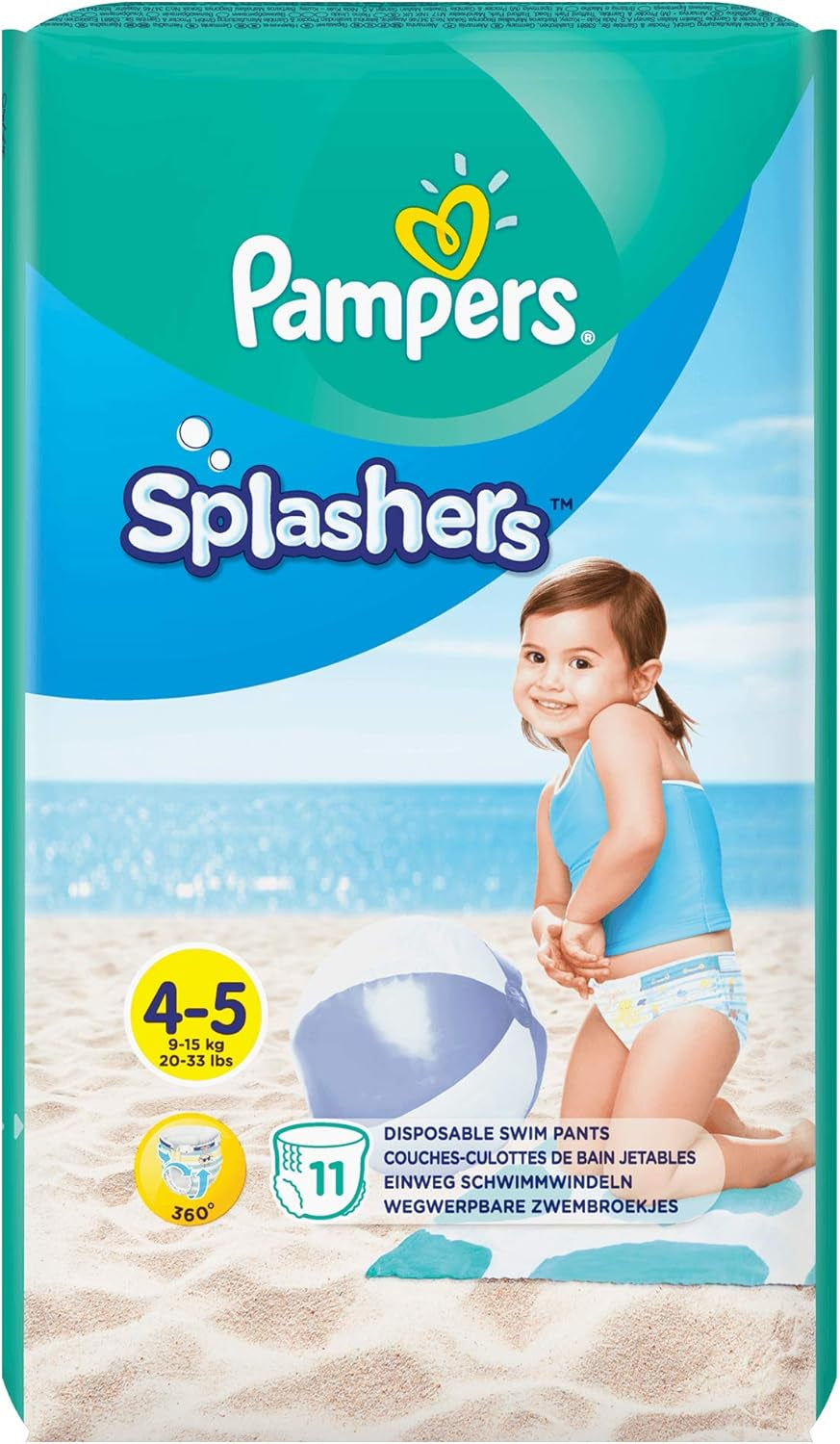 Pampers (vecchia versione), pantaloncini da bagno usa e getta Splashers - Taglia 5/6 (14 kg+) - Scatola da 8 confezioni da 10