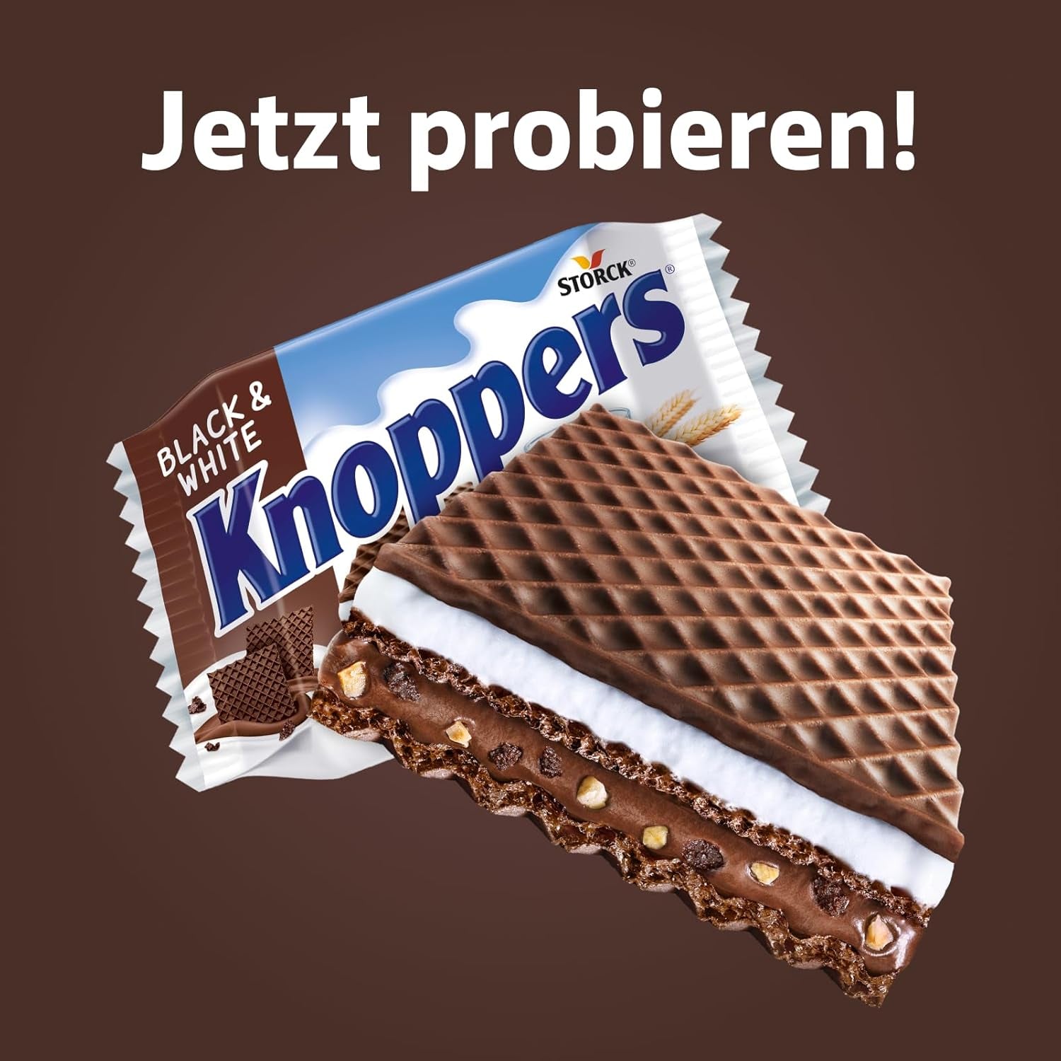 Knoppers Bianchi e Neri – 8 x 25g – Fette di wafer ripiene di wafer al cacao fondente, pezzetti di biscotti neri, crema al latte e torrone