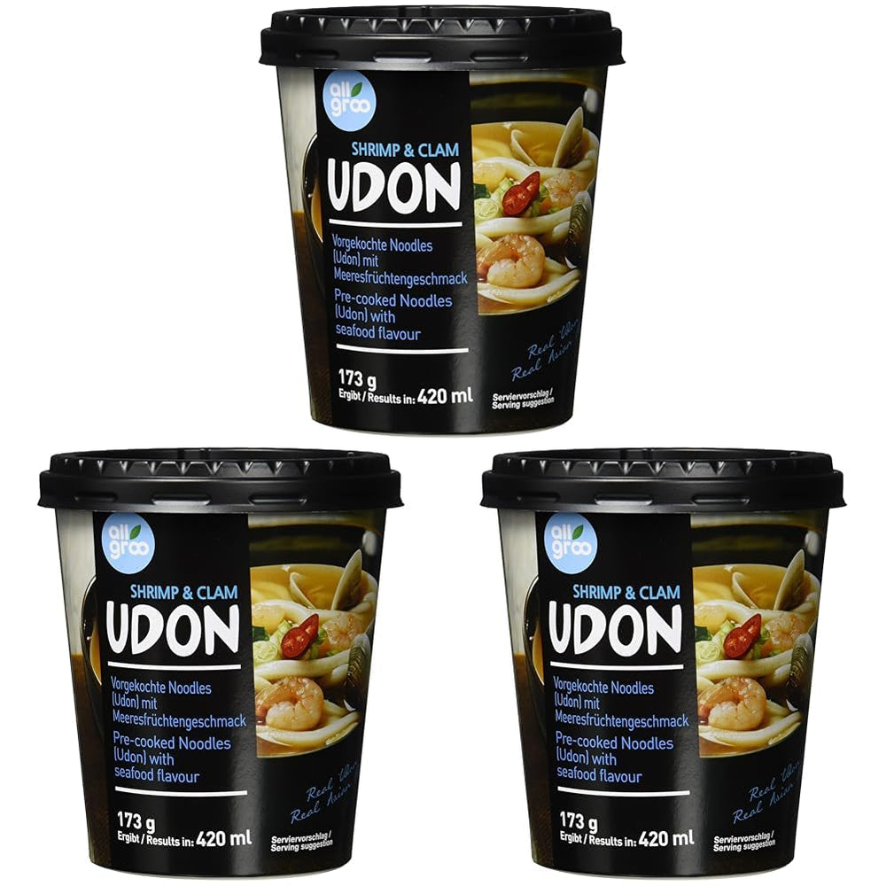 Allgroo Udon Cup Noodles Istantanei - Zuppa Udon Saporita e Piccante ai Frutti di Mare - Preparazione Rapida (1 x 173g)