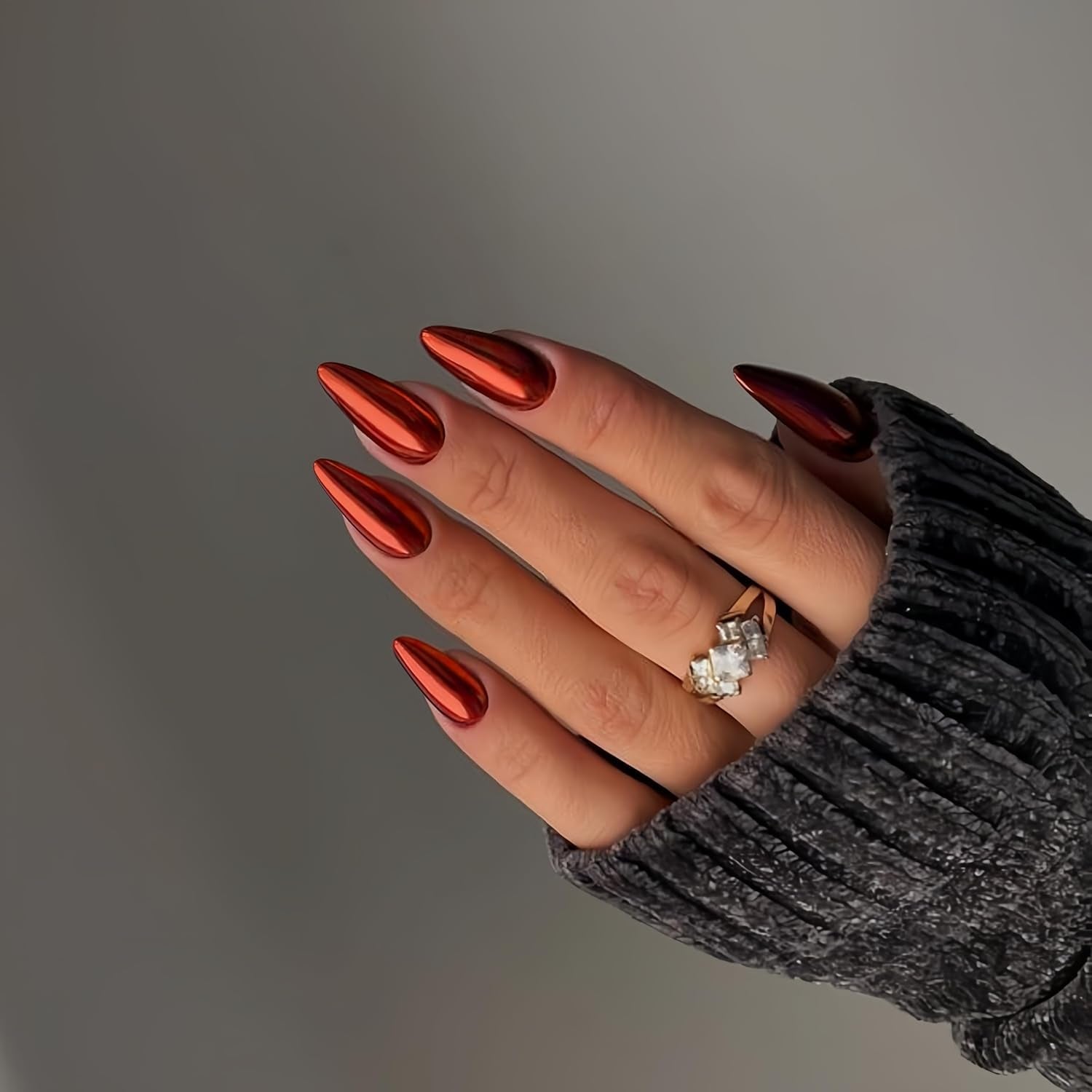 Unghii cromate autoadezive - Unghii maro cu sclipici pentru lipire, culoare migdale medii, unghii false strălucitoare, unghii artificiale pentru lipire, unghii acrilice glazurate pentru femei, 24 bucăți