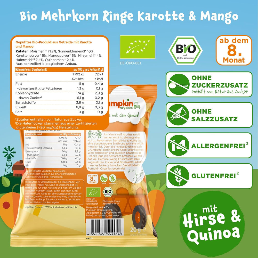 Pumpkin Organics Anelli multicereali per bambini con carota e mango (confezione da 8) Snack per bambini senza additivi a partire dai 12 mesi - Snack croccanti per bambini senza allergeni² e senza glutine³ (8 x 20 g)