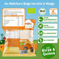 Pumpkin Organics Anelli multicereali per bambini con carota e mango (confezione da 8) Snack per bambini senza additivi a partire dai 12 mesi - Snack croccanti per bambini senza allergeni² e senza glutine³ (8 x 20 g)