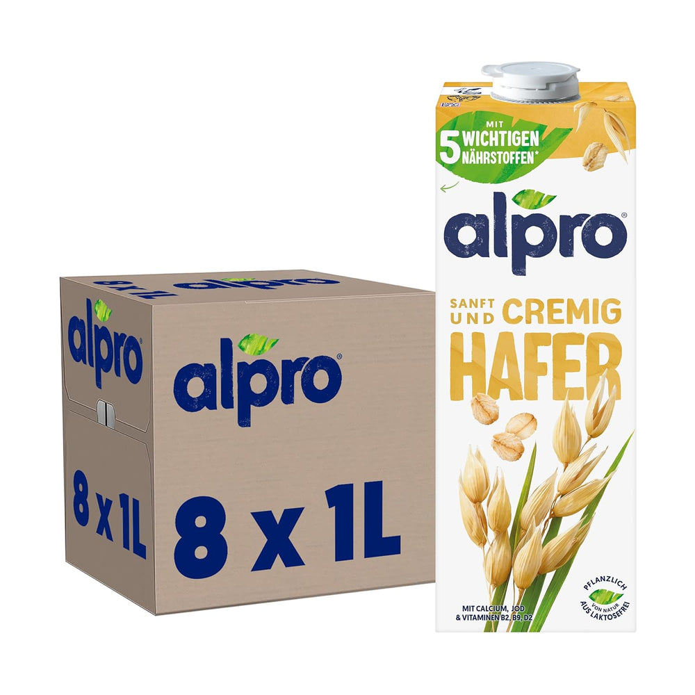 Alpro Haferdrink ohne Zucker – Milchalternative auf Haferbasis – Vegan und lactosefrei – Rich an Ballaststoffen, Calcium und Vitaminen – 8 x 1 L