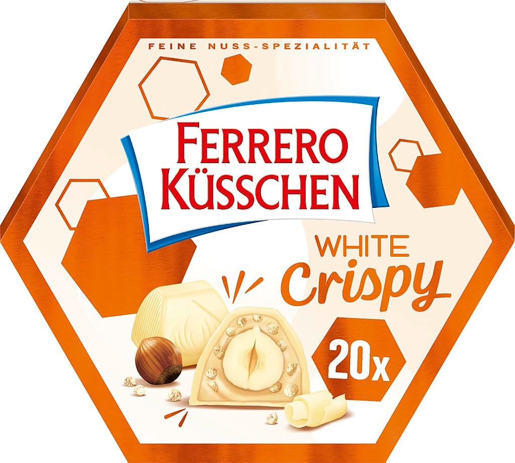 Ferrero Küsschen White Crispy - Regalo di San Valentino per lui e per lei - Nocciole tostate croccanti in crema leggera con scaglie croccanti, ricoperte di cioccolato bianco, 1 confezione da 20 praline individuali