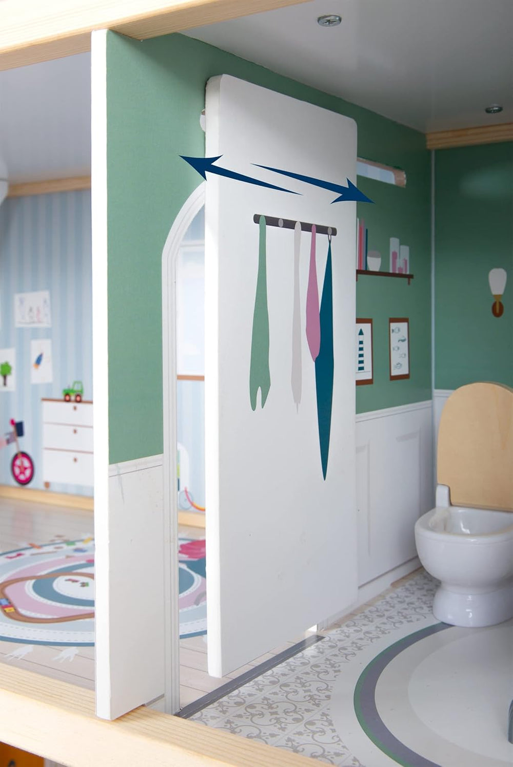 Casă de păpuși din lemn Small Foot, cu 3 etaje, față deschisă și 12 piese de mobilier, pentru copii cu vârsta de la 3 ani în sus, 11802, alb gri