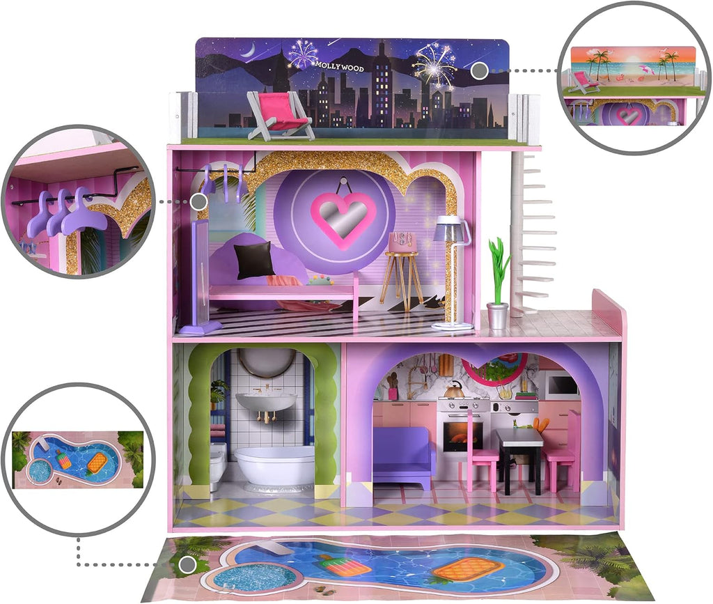 Olivia's Little World Big Dreamland Sunset Contemporary Casa de păpuși interactivă din lemn pentru copii 3 etaje cu 16 accesorii de mobilier pentru păpuși Multi TD-13616A Casute de papusi Naty Shop