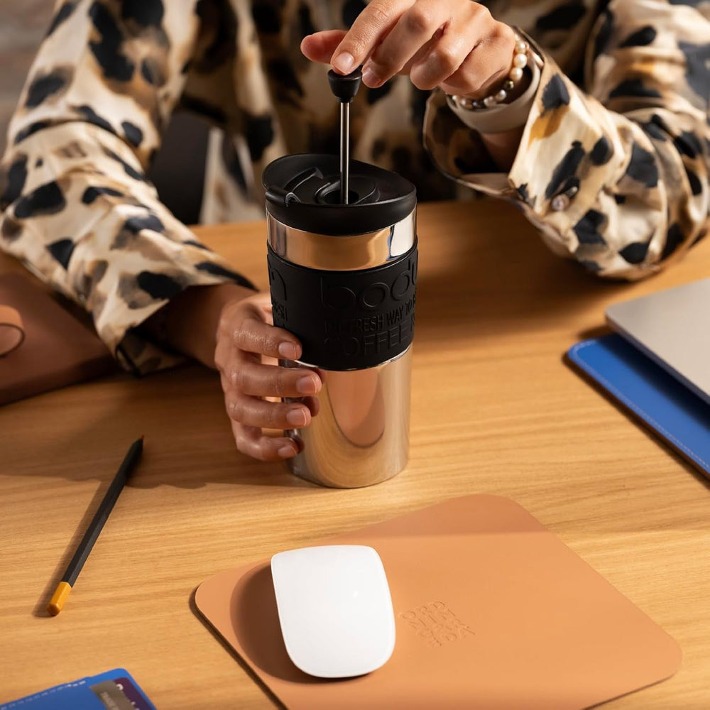 Cafetieră Bodum K11067-01 Travel Press din oțel inoxidabil, neagră, cu capac de schimb, 350 ml