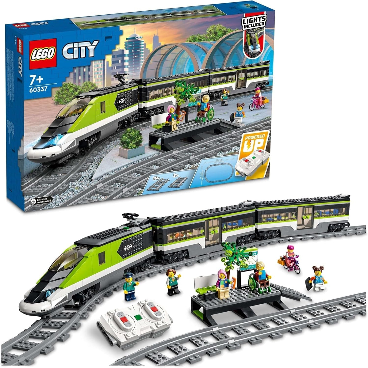Treno espresso passeggeri LEGO City, set di treni telecomandati, giocattolo ferroviario con fari, 2 carrozze e 24 elementi di binario, regalo per bambini, ragazzi e ragazze 60337 Set di costruzione Besuche den LEGO-Store Single