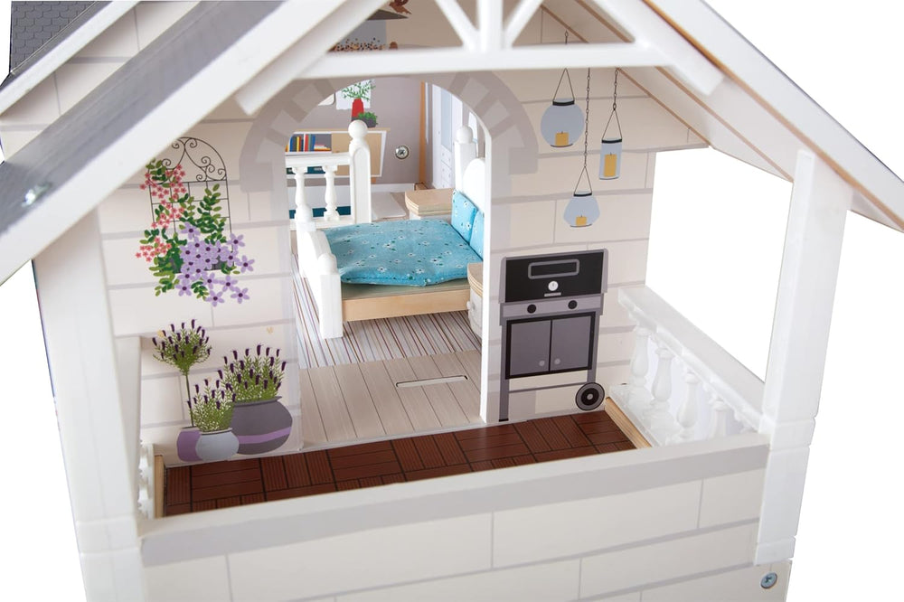 Casă de păpuși din lemn Small Foot, cu 3 etaje, față deschisă și 12 piese de mobilier, pentru copii cu vârsta de la 3 ani în sus, 11802, alb gri