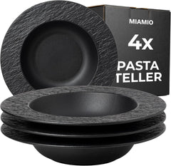MIAMIO – Set de 4 farfurii pentru paste, 26 cm, farfurii adânci mari pentru supă, veselă ceramică modernă, alb-negru, potrivită pentru cuptorul cu microunde și mașina de spălat vase – Colecția Oasis (Negru)