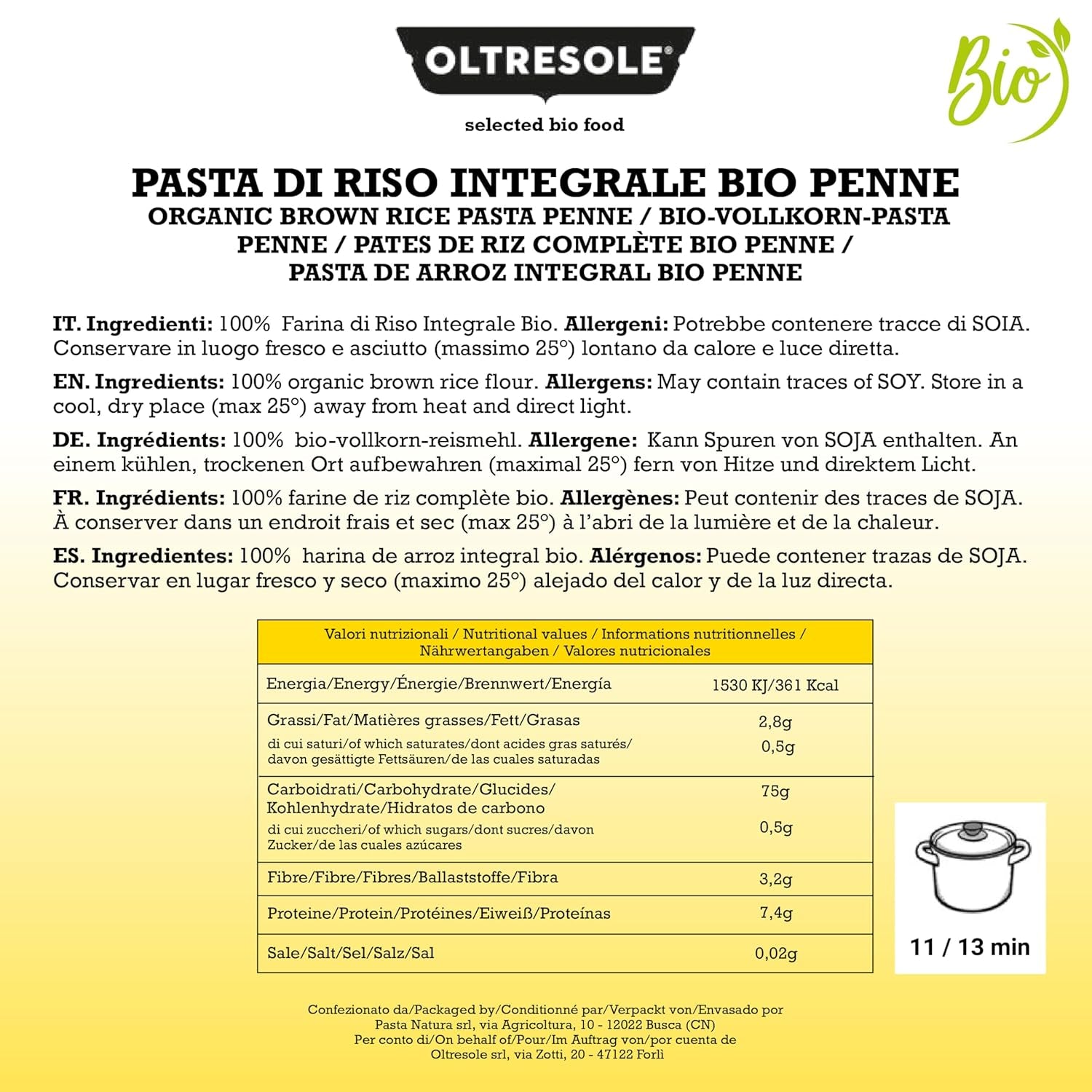 - Pasta di Riso Integrale Biologica Italiana Gluten Free, Formato Penne - pasta senza glutine, farina di riso integrale 100% biologica, ricca di fibre, vegana, confezione da 3 confezioni da 350 g
