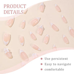 24 de bucăți de unghii franțuzești presă, albe, în formă de migdală, cu funde și perle, unghii artificiale pentru lipit, vârfuri de unghii false, unghii cu sclipici