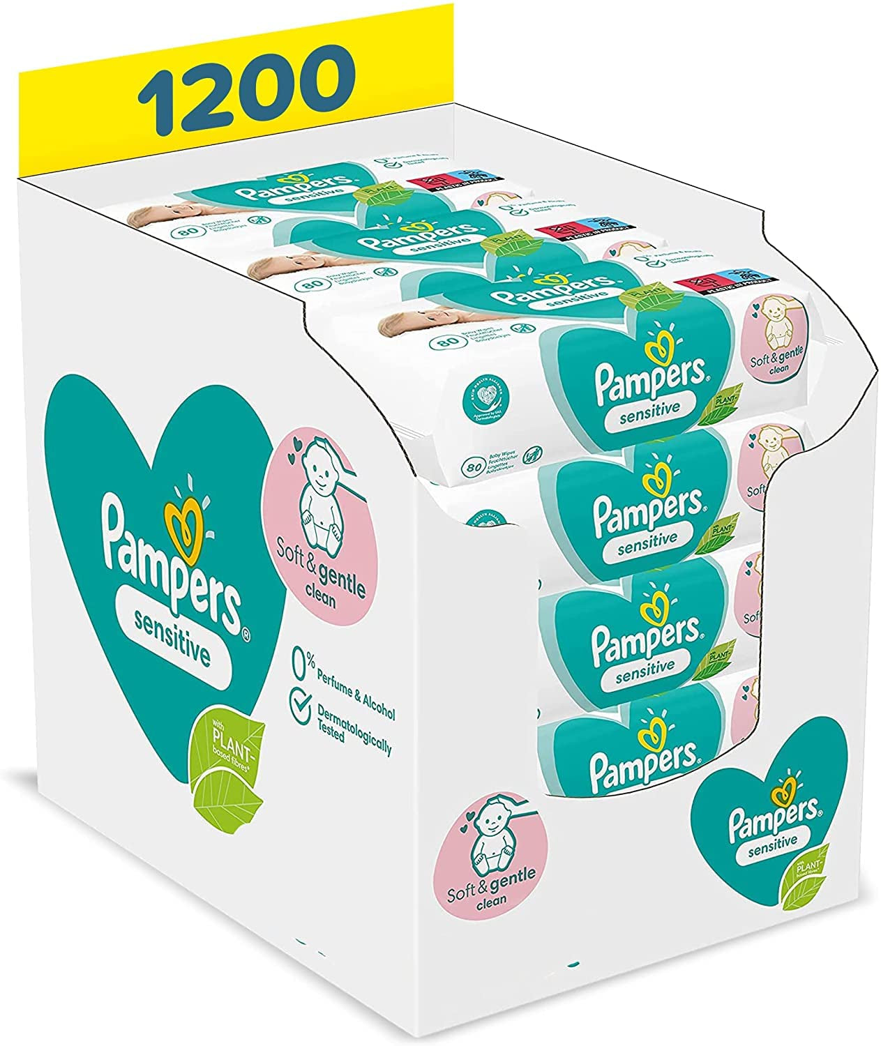 Bright Starts Deluxe Set fermaporta con clip per telaio porta sicura e stabile e salviette per neonati Pampers Sensitive, 1200 salviette (15 x 80)
