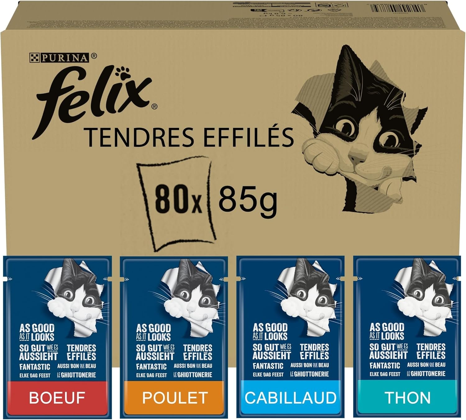 | Zart konisch | ausgewachsene Katze | Gelee | 100% vollständige und ausgewogene Rezeptur | mit Thunfisch, Kabeljau, Rindfleisch und Huhn | Frischebeutel | 80 x 85 g