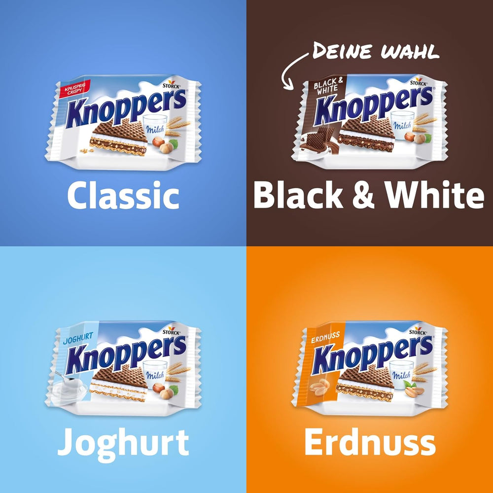 Knoppers Bianchi e Neri – 8 x 25g – Fette di wafer ripiene di wafer al cacao fondente, pezzetti di biscotti neri, crema al latte e torrone