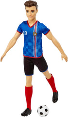 Barbie You Can Be Anything Serie, Ken Fußballspieler Puppe, Ken Puppe mit braunen Haaren, blaues Trikot, Fußball, 1x Ken Fußballspieler Puppe, Geschenk für Kinder, Spielzeug ab 3 Jahre, HCN15