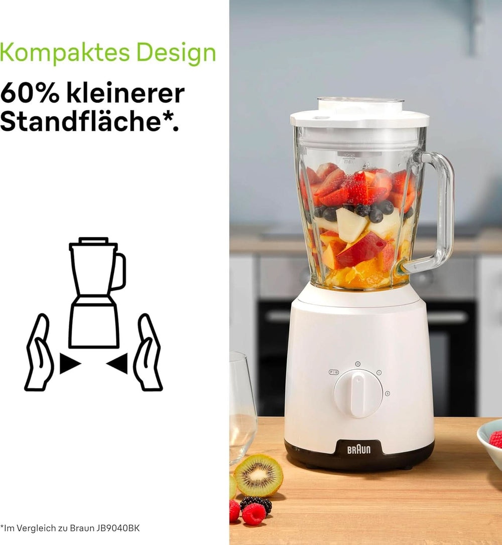 Braun Powerblend 1 JB1050WH - Robot da cucina con miscela di vetro da 1,5 L, Küchenhelfer Zum Zerkleinern, Pürieren & Mixen, Ice-Crush-Funktion, 2 Geschwindigkeiten, 600 Watt, Weiß Kitchen Naty Shop