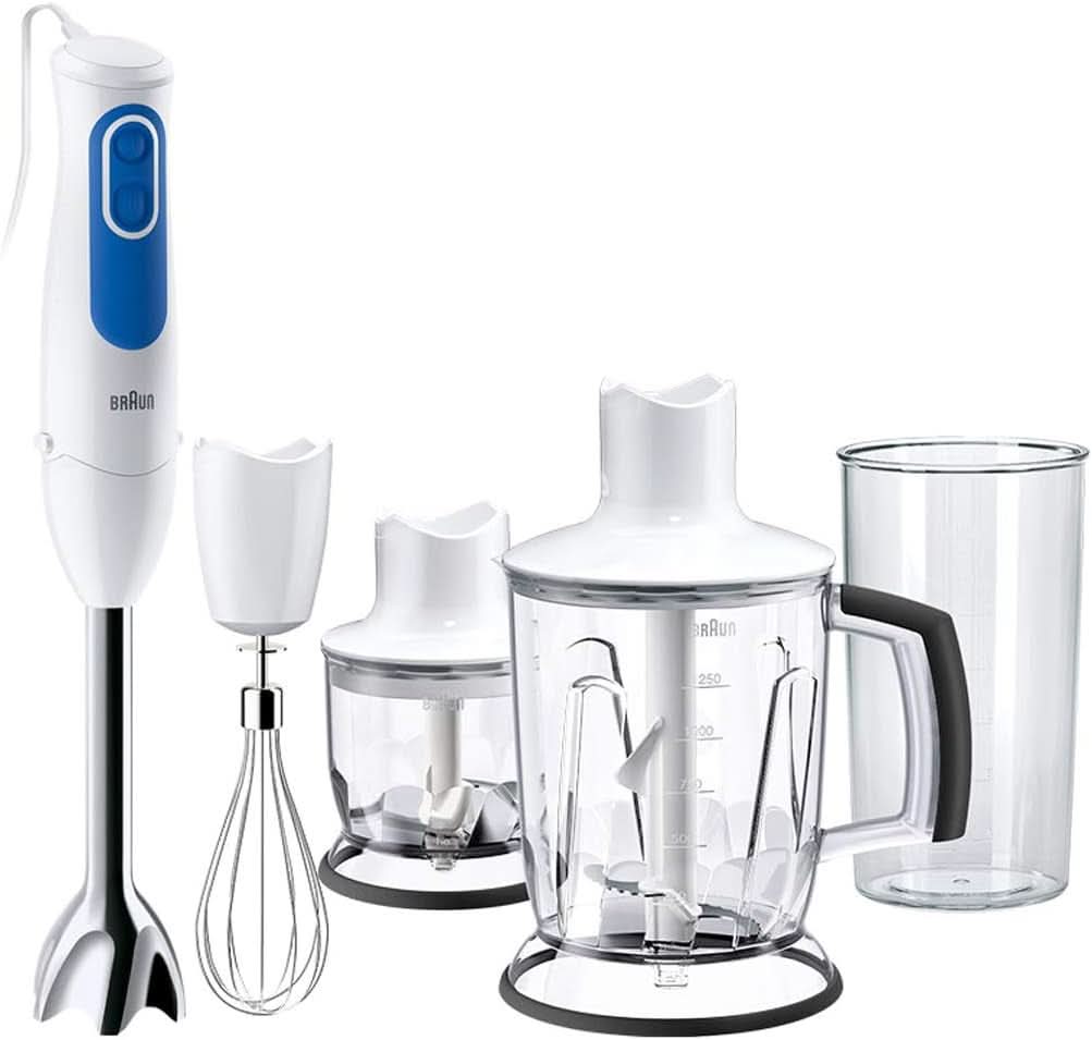 Braun Multiquick 3 MQ 3000 Smoothie+ Stabmixer – Purierstab Mit 2 Geschwindigkeiten, Powerbell plus e Splashcontrol-Technologie, 700 Watt, Inkl. 600 ml Mix-&Messbecher, Blau/Weiß Kitchen Naty Shop Mq3045 Aperitivo