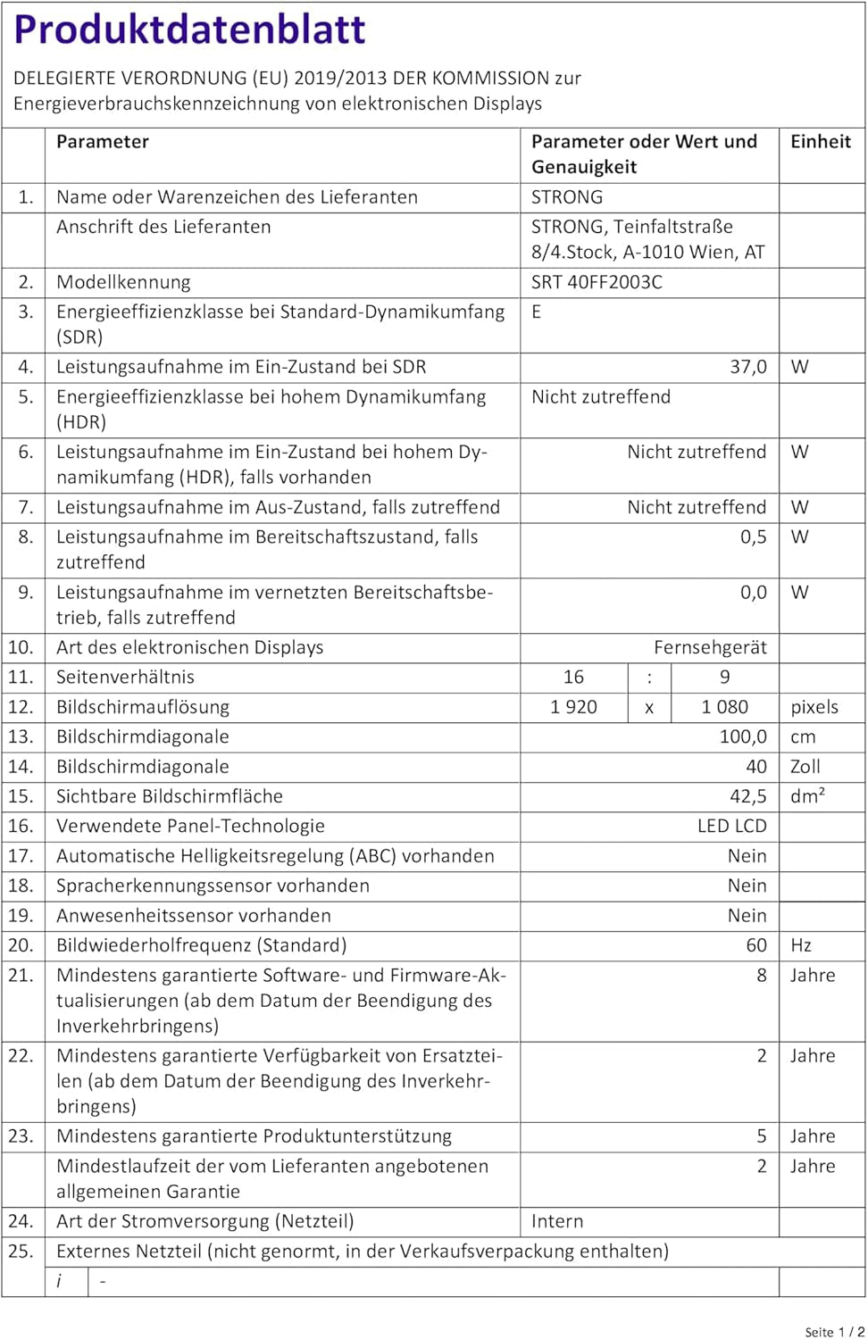 STRONG - Televizor Full HD SRT40FF2003C de 40 inch (100 cm) - Calitate excepțională a imaginii - Tuner triplu - 3 porturi HDMI (1 ARC), 2 porturi USB, conexiune AV, antenă/satelit - negru