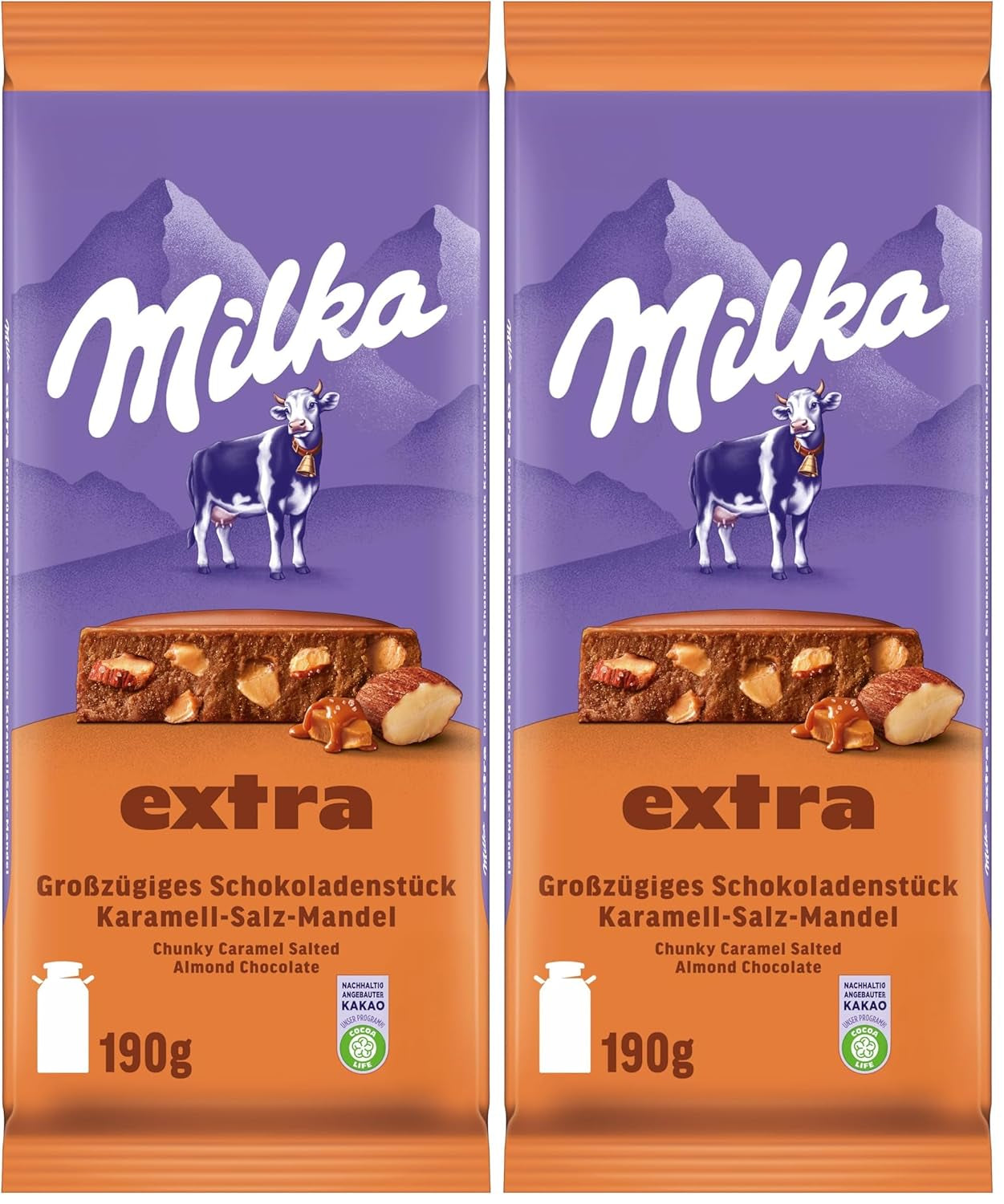 Milka Extra Caramel Salt Mandorla - Cioccolato al latte alpino con pezzetti di caramello, mandorle e un pizzico di sale - 190g