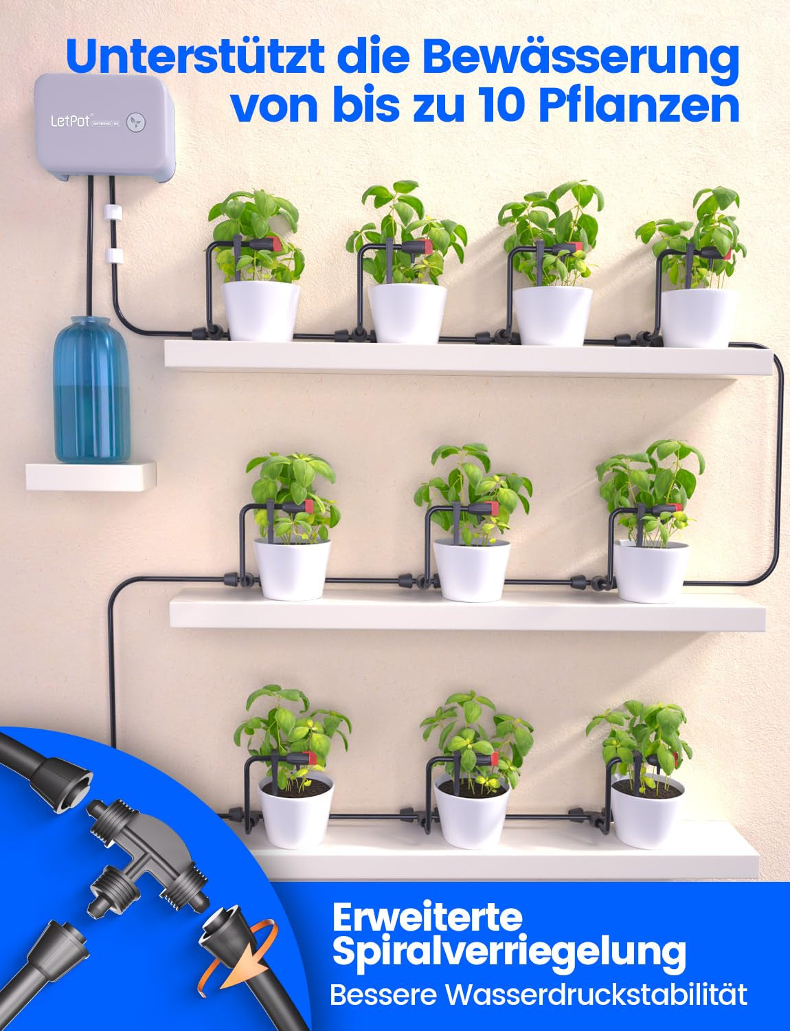 Sistema di irrigazione automatico per interni WiFi - Sistema di irrigazione a goccia intelligente con controllo app, computer per irrigazione per 10 piante d'appartamento, irrigazione per le vacanze e irrigazione delle piante (Grigio)