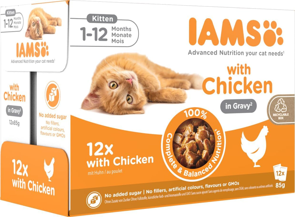 IAMS Delights Kitten Nassfutter - Multipack Katzenfutter mit Huhn in Sauce, hochwertiges Futter für Junior Kätzchen von 1-12 Monate, 12 x 85 g