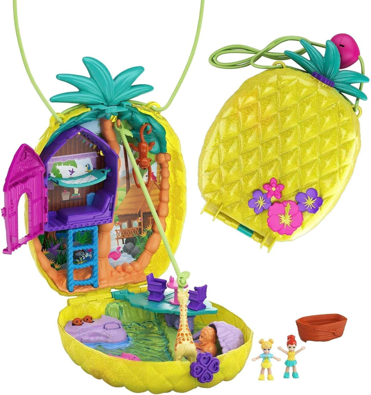 Polly Pocket GKJ64 - Scatola tascabile portatile ad ananas con 8 funzioni divertenti, bambole Polly e Purple, 2 accessori e foglio di adesivi; giocattolo per bambini dai 4 anni in su Naty Shop Dolls Borsa Ananas