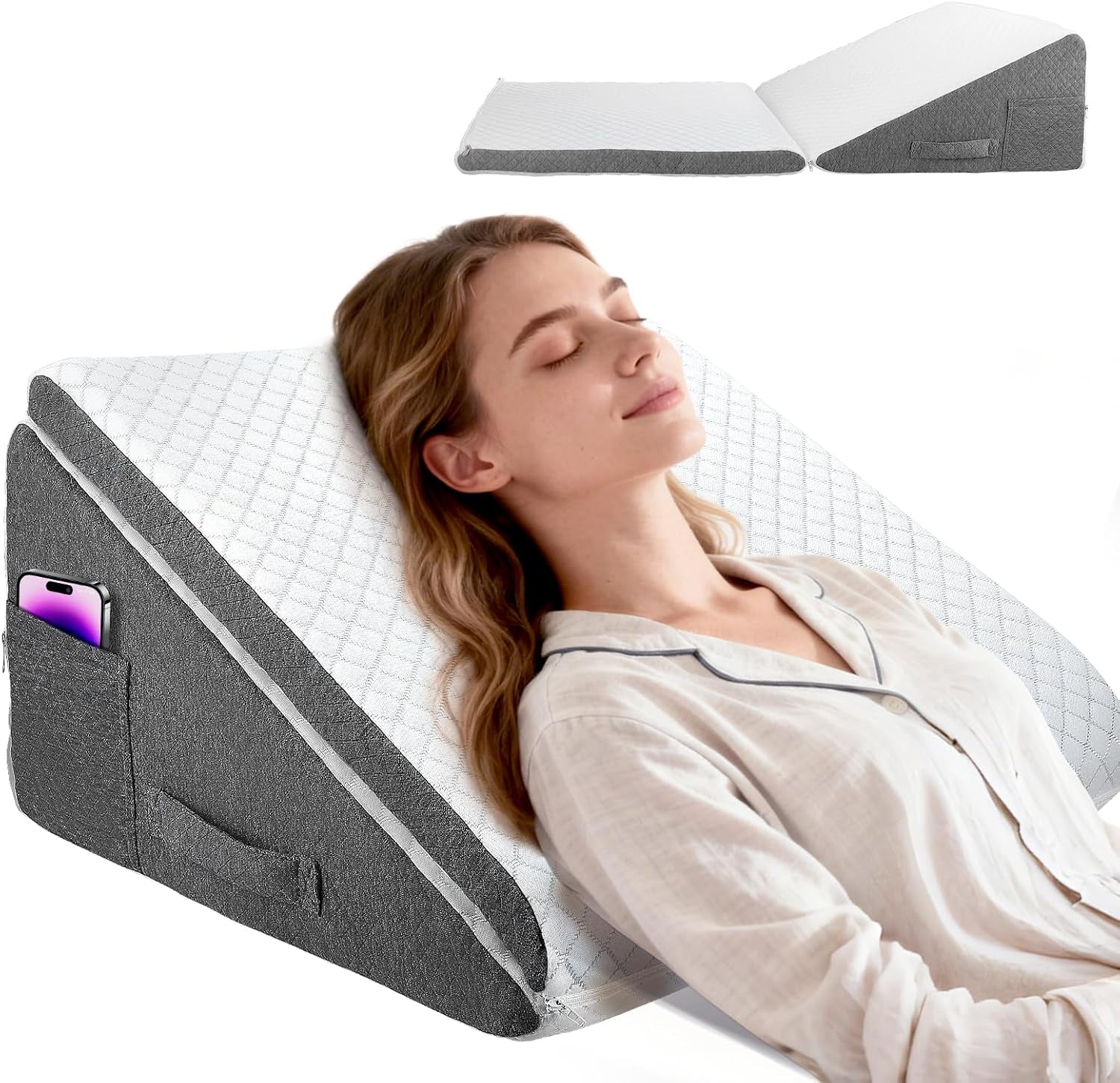 Pernă pană pentru pat și canapea, L50xL50xÎ26 Pernă dublă pentru citit cu husă lavabilă, spumă cu memorie, pentru sforăit și pentru mai mult confort în zona gâtului și spatelui