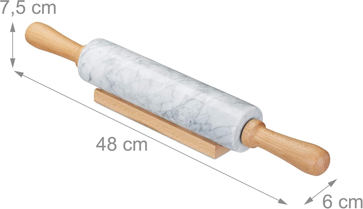 Relaxdays Nudelholz Marmor, Griffe aus Holz, Teigroller zum Kochen & Backen, mit Ablage, 48 cm, schwere Backrolle, bianco