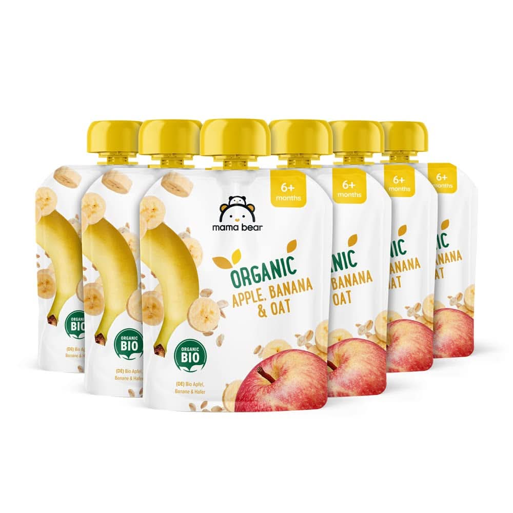 Mama Bear, purea biologica di diversi frutti, set 6 x 90 grammi Mamma e bambino Naty Shop 6 x 90 grammi Mele, banane e fiocchi d'avena