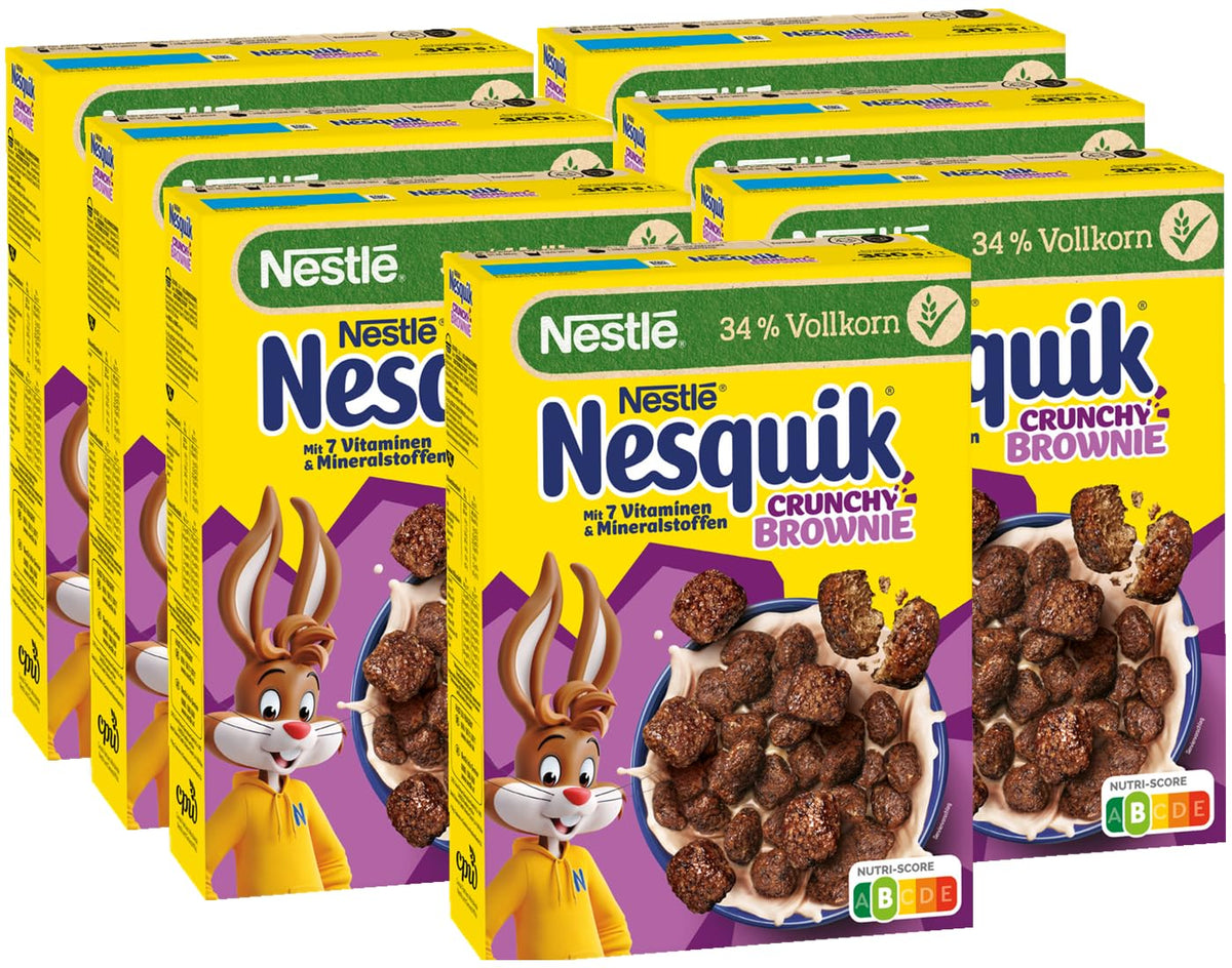 Nestlé NESQUIK Crunchy Brownie, cereali da colazione croccanti con gocce di cioccolato e una forma innovativa per croccanti extra, confezione da 7 (7 x 300 g)