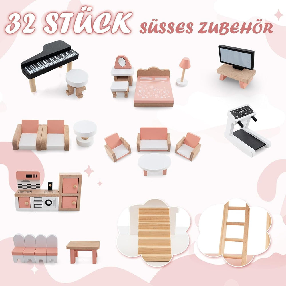 FANTASK Casa delle Bambole in Legno, Casa delle Bambole con 7 Camere e 7 Camere, Altezza 85 cm, con 32 Mobili e Accessori, Casa delle Bambole con Scala di Corda, Casa delle Bambole Regalo per Bambine di 3 Anni (Modello 3) Naty Shop Dollhouses