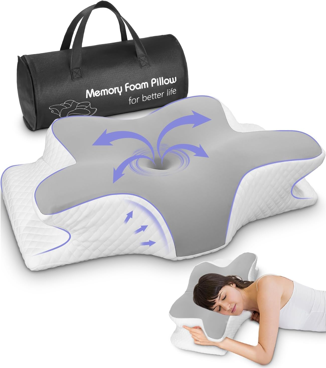 Pernă pentru gât, pernă de susținere laterală, pernă din spumă cu memorie, pernă ortopedică, pernă ergonomică de susținere a gâtului pentru susținere optimă Pernă pentru susținerea laterală a spatelui și a stomacului (62 X 41 X 13CM) Perne ortopedice cervicale Naty Shop Gri