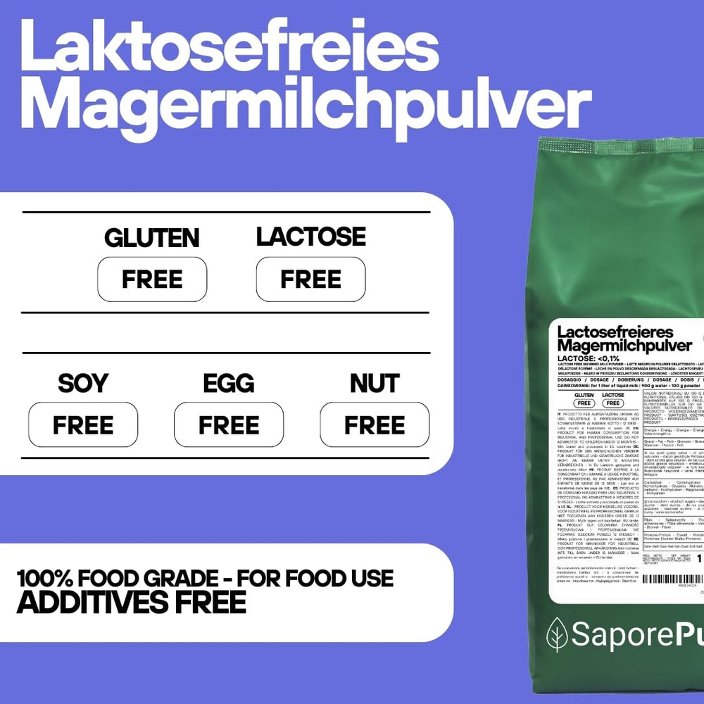 Laktosefreies Magermilchpulver 1 kg | Hohe Löslichkeit | Ideale per prodotti da forno, pane e alimenti. Uso professionale e industriale Senza lattosio Senza glutine