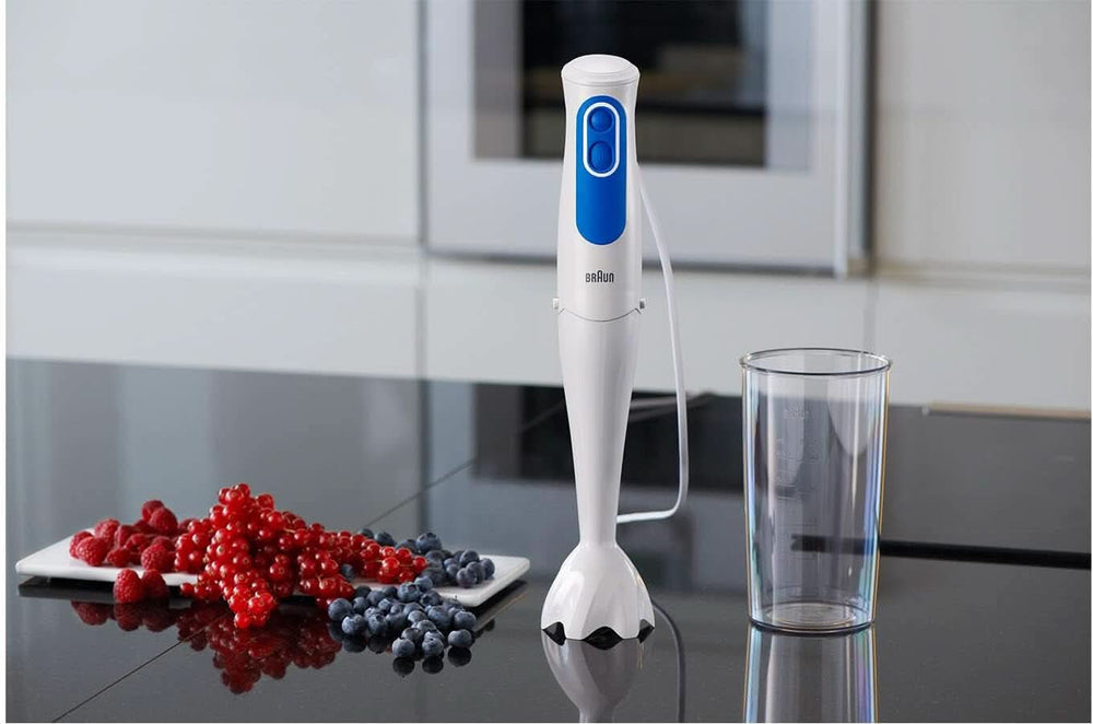 Braun Multiquick 3 MQ 3000 Smoothie+ Stabmixer – Purierstab Mit 2 Geschwindigkeiten, Powerbell plus e Splashcontrol-Technologie, 700 Watt, Inkl. Mix-&Messbecher da 600 ml, Blau/Weiß Kitchen Naty Shop