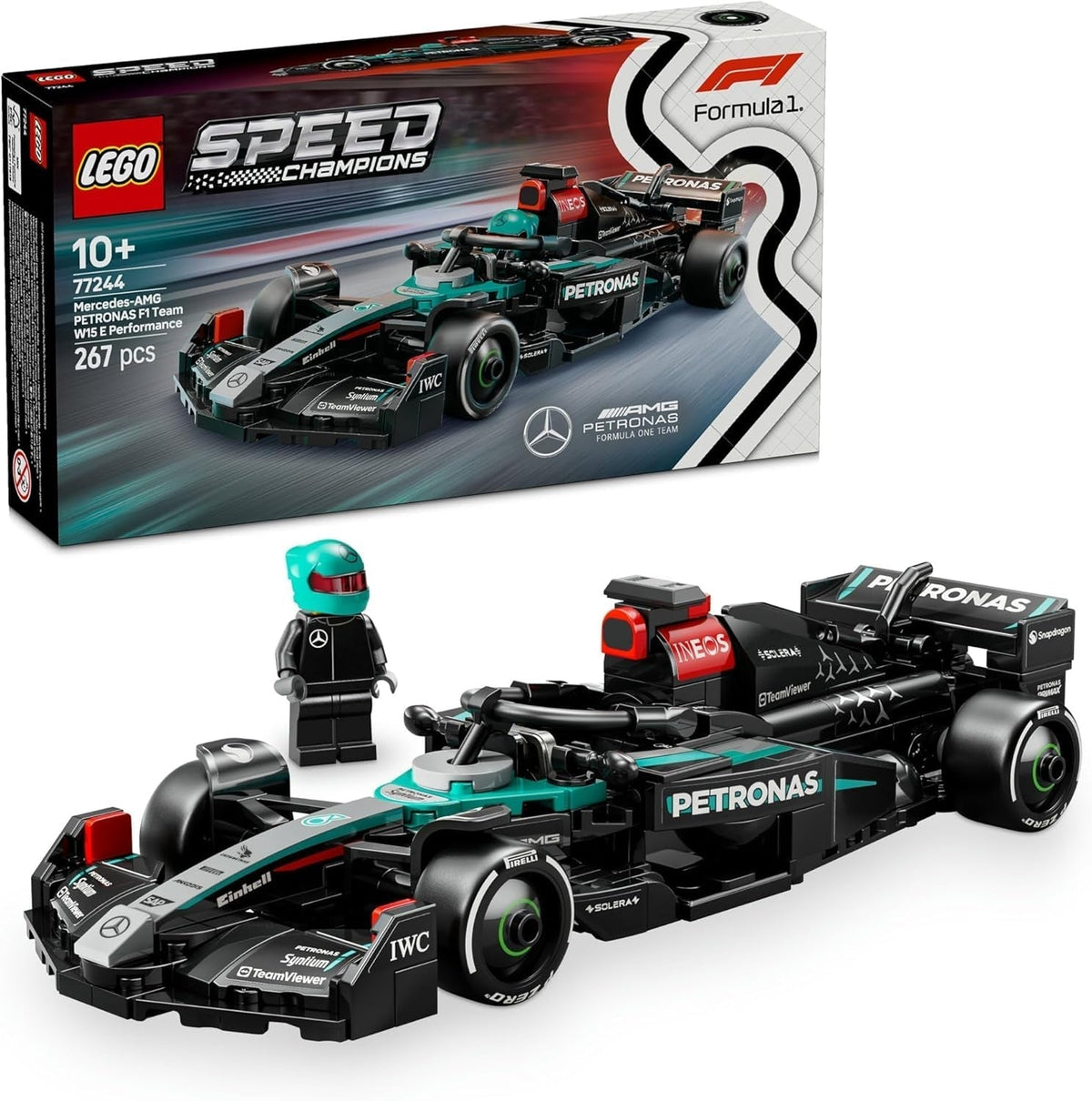 LEGO Speed Champions Auto da corsa Mercedes-Amg F1 W15 - Minifigure giocattolo di Formula 1 - Modello di auto da collezionare e costruire - Regalo per ragazzi e ragazze 10+ o fan adulti 77244 Set di costruzione Besuche den LEGO-Store Auto da corsa Mercedes-Amg F1 W15 77244