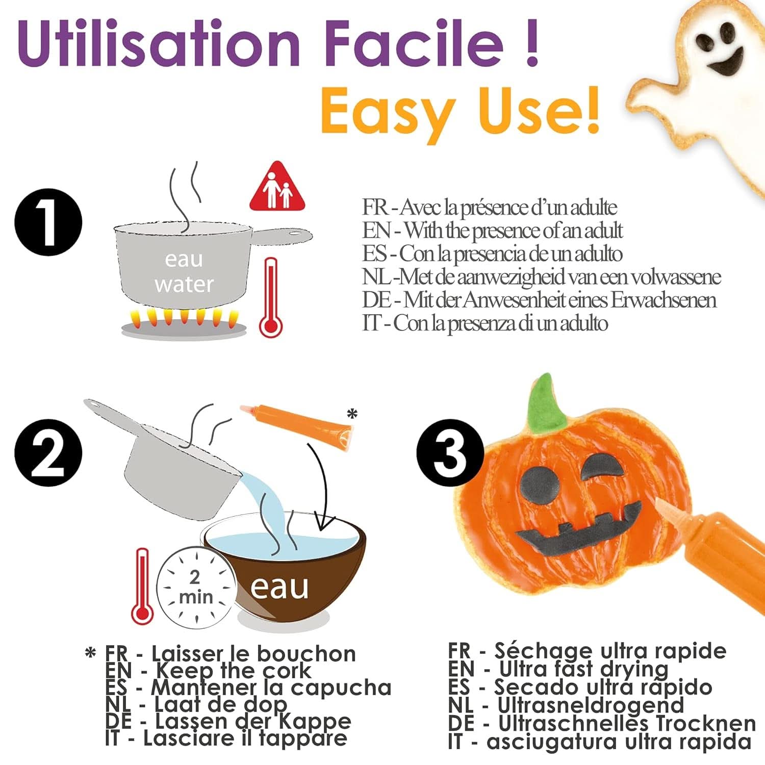 Scrapcooking - Set de 4 stilouri de ciocolată de Halloween - negru, portocaliu, violet și alb, scrieți și desenați pe deserturi, prăjituri și biscuiți Naty Shop