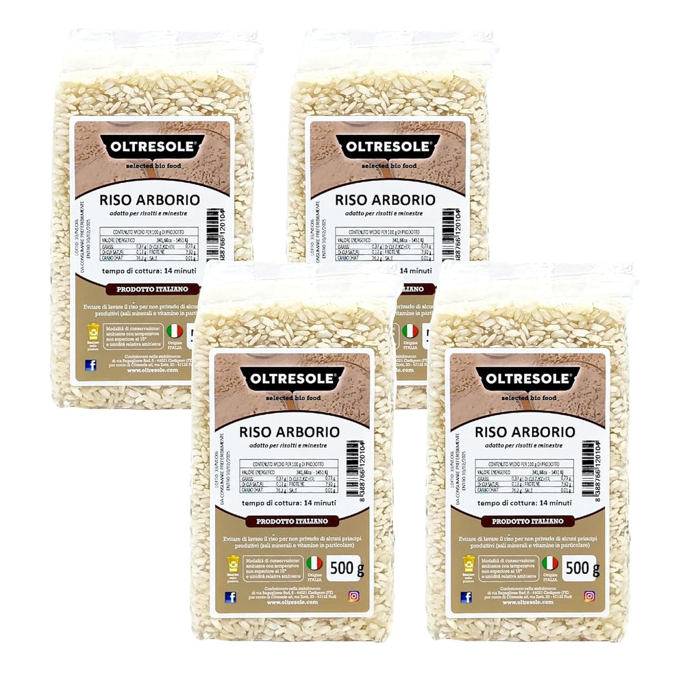 Riso Arborio Italiano Artigianale, riso a grani grossi e amidaceo, ideale per zuppe, risotti e insalate di riso, confezionato sottovuoto in 2 sacchetti da 1kg