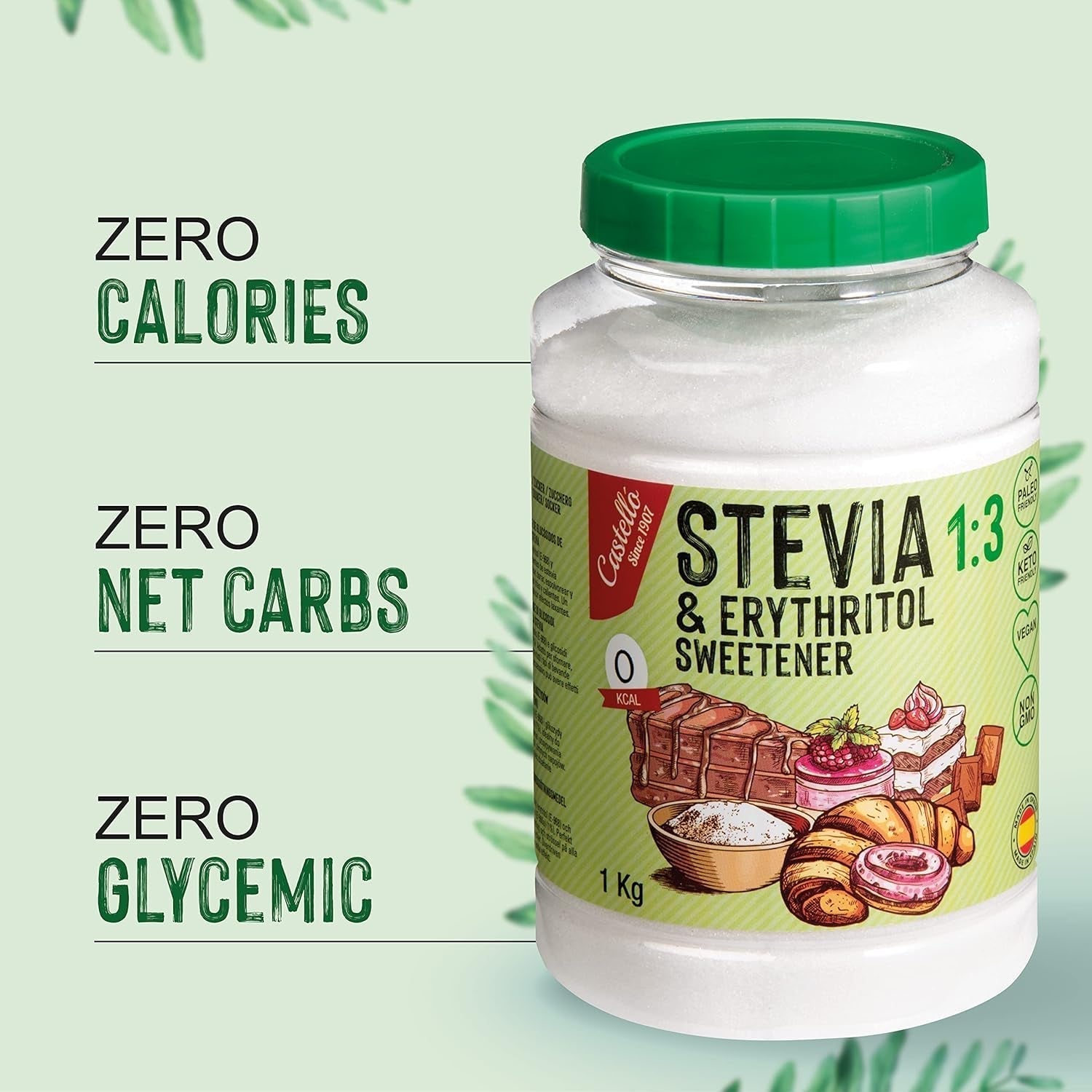 Stevia + eritritolo 1:3 sostanza nutriente | 1G = 3GZucker | 100% Zuckerersatz naturale - 0 Kalorien - 0 Glykämischer Index - Keto und Paleo - 0 Netto-Kohlenhydrated - Kein GVO - Castello since 1907-1 Kg Dolcificanti Naty Shop