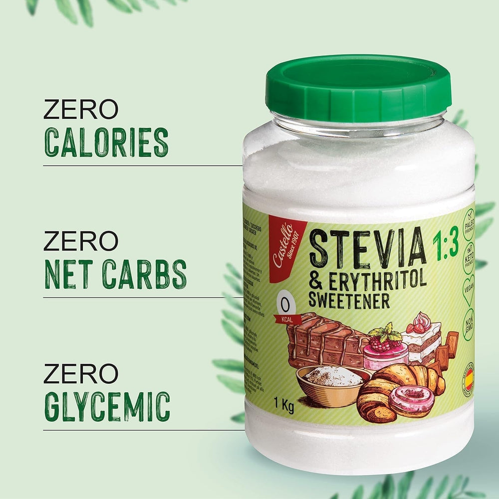 Stevia + eritritolo 1:3 sostanza nutriente | 1G = 3GZucker | 100% Zuckerersatz naturale - 0 Kalorien - 0 Glykämischer Index - Keto und Paleo - 0 Netto-Kohlenhydrated - Kein GVO - Castello since 1907-1 Kg Dolcificanti Naty Shop